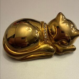 Gold Cat sleeping Figurine with Rhinestone Collar vintage